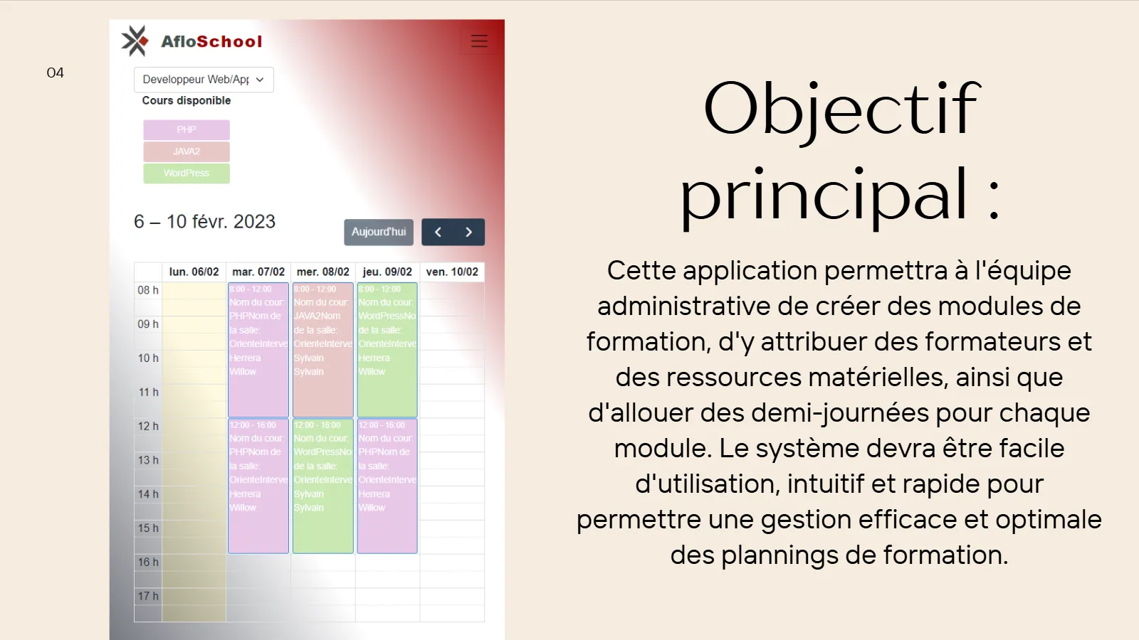 Objectif d'AfloSchool avec aperçu mobile du calendrier de formation