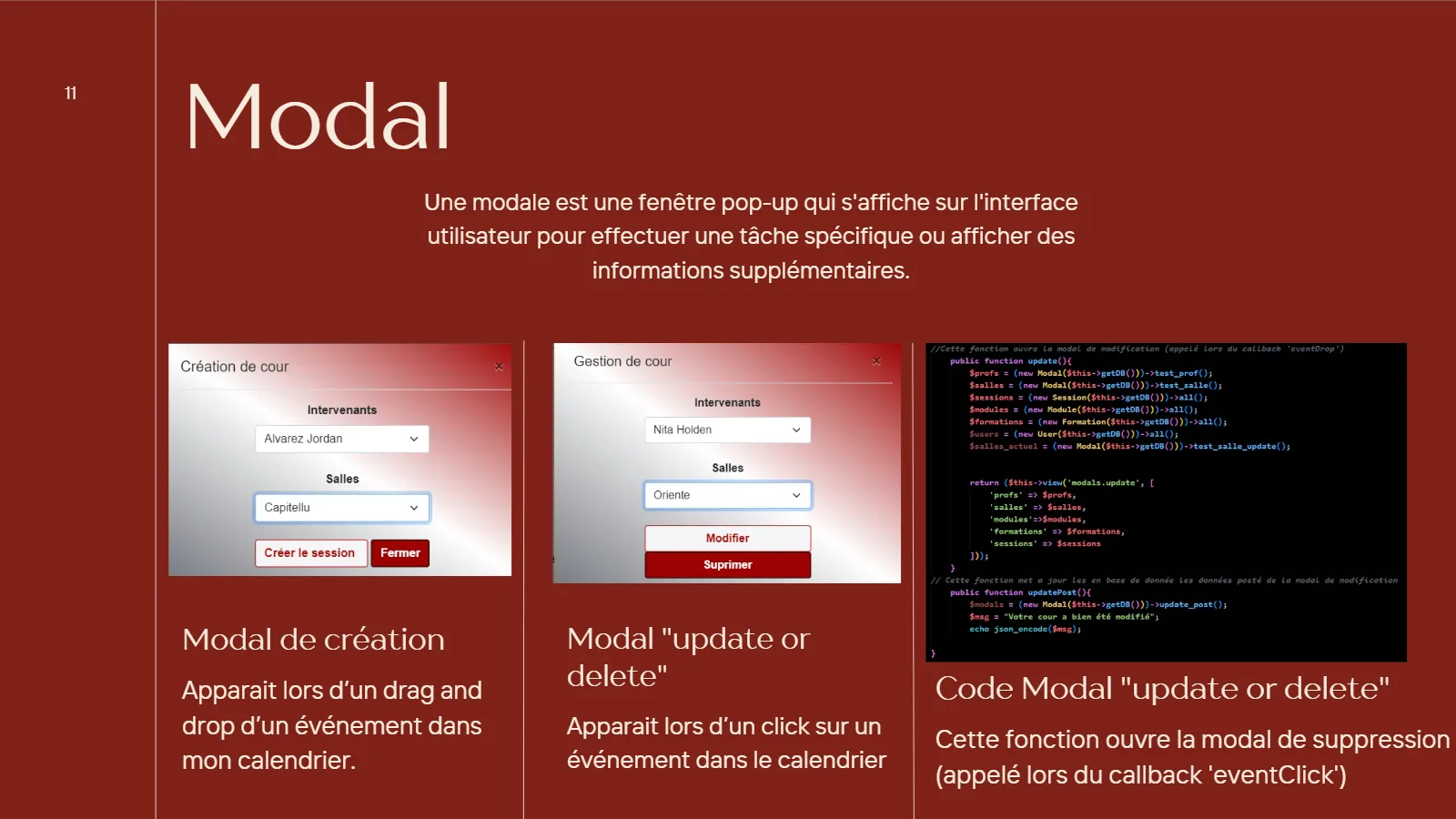 Fenêtres de création, modification et suppression d'un événement AfloSchool