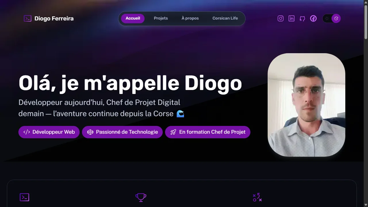 Page d'accueil actuelle du portfolio personnel diogo.corsica