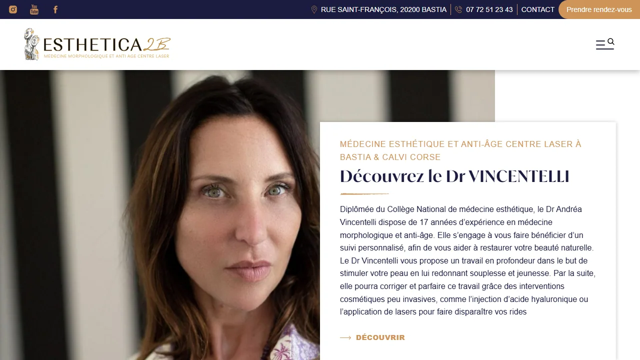 Accueil du site Esthetica2B avec le portrait du Dr Vincentelli