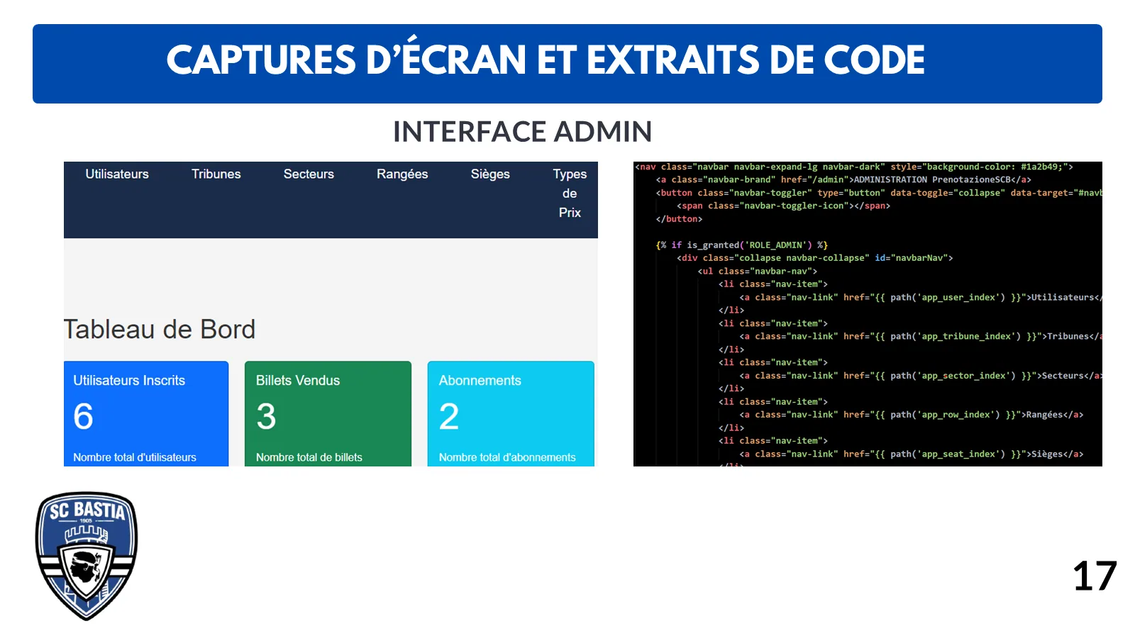 Interface d'administration de Prenotazione SCB et extrait de code associé