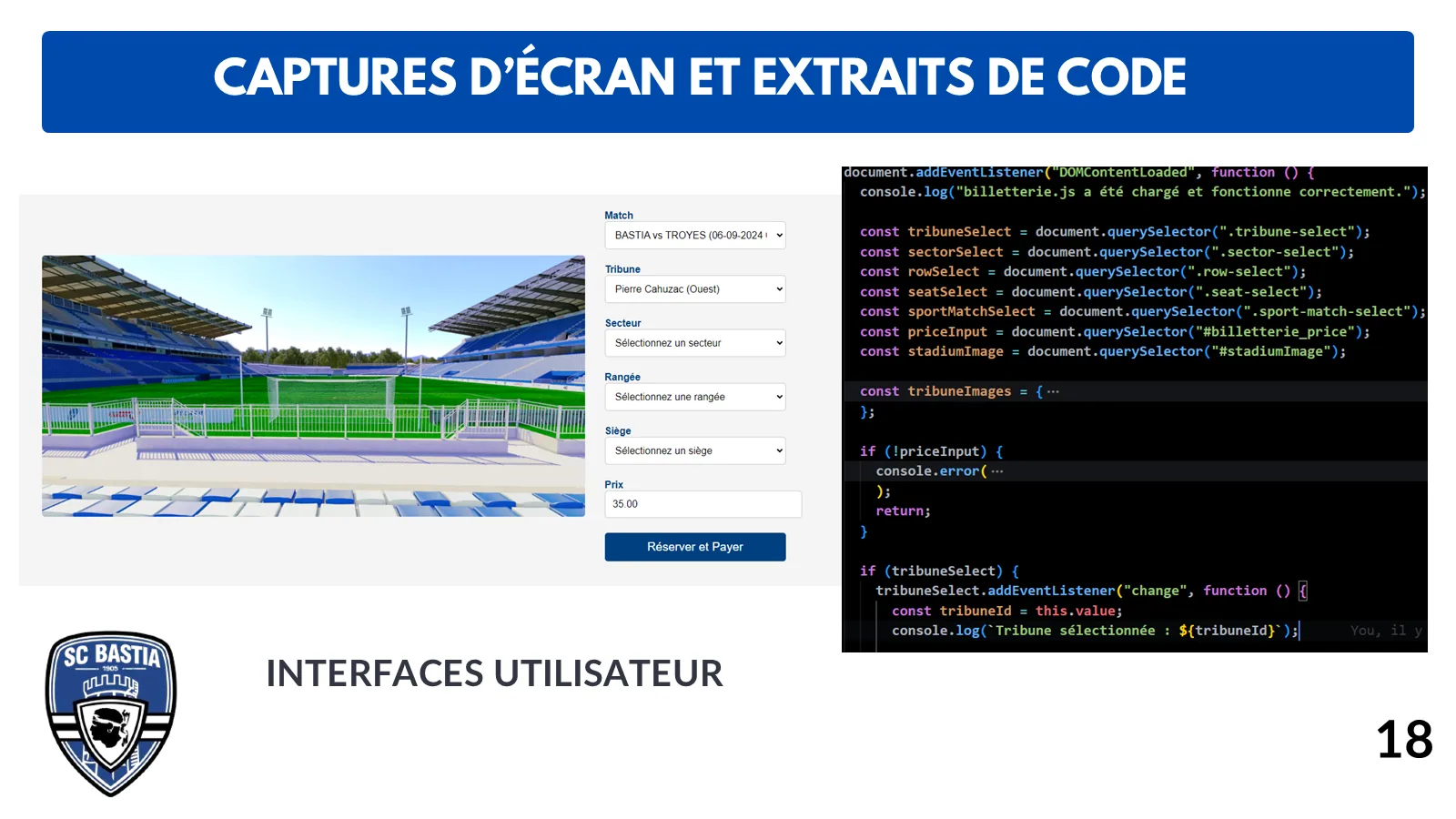 Interface utilisateur de sélection dans le stade et extrait de code associé